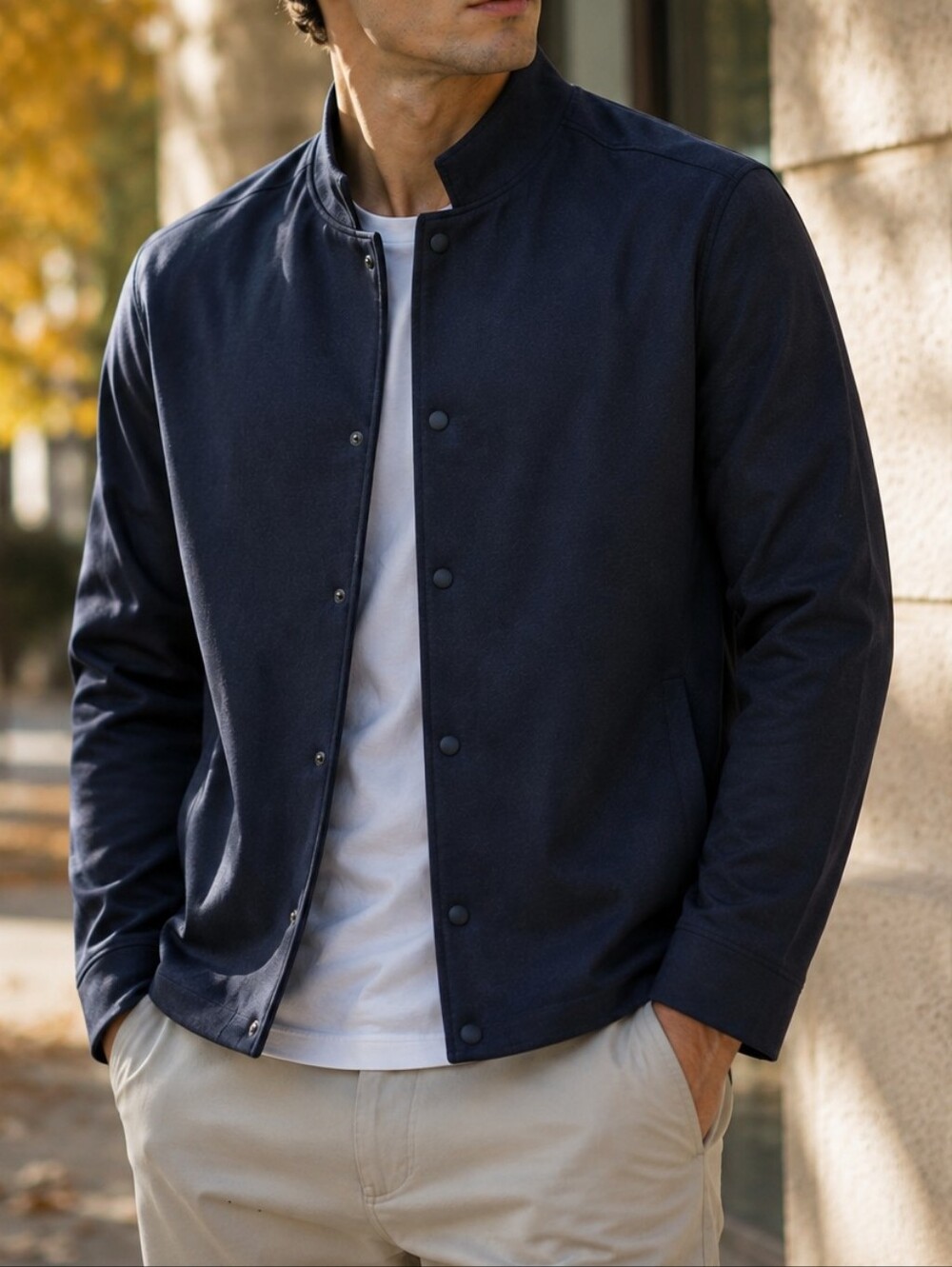 Lululemon Men's Chamber Navy Cotton Fleece Snap Bomber Jacket